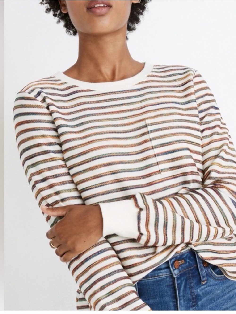 MADEWELL Rainbow Stripe Long Sleeve Pocket Tee Cream Large PREPPY CUTE